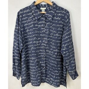 The Avenue Womens 100% Silk Script Print Blouse 18/20 Dark Academia Button Up